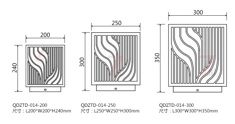 (QDZTD-014)古铜拉丝割花方形矮柱柱头灯200mm、250mm、300mm尺寸示意图