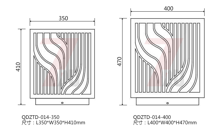 (QDZTD-014)古铜拉丝割花方形矮柱柱头灯350mm、400mm大规格尺寸示意图